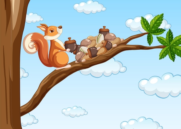 Vector squirrel collecting nuts on the branch