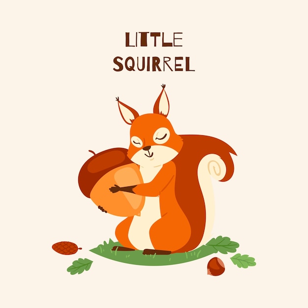 Vector squirrel little hugging acorn and standing on grass in forest 