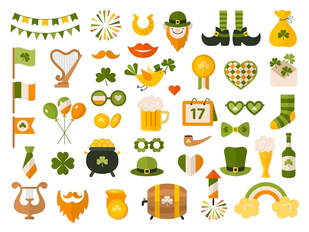 St patrick Celebration party items green clothes leprechaun with golden coins lucky symbols clover recent vector illustrations