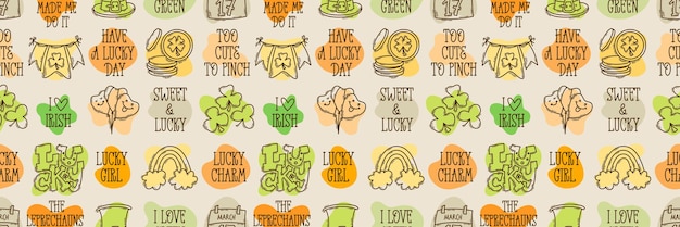 Vector st patricks day seamless pattern background quotes handdrawn irish holiday icons symbols