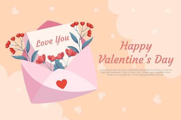 St Valentines Day background design with pink open envelop letter with words Love You and red flowers with green leaves on beige backdrop Concept with decorative clouds and hearts on the back