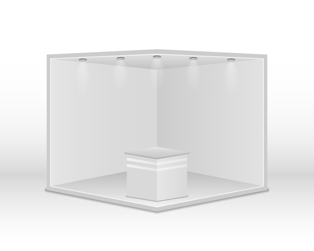 Vector standard exhibition stand with spotlights. white blank panels, advertising stand. creative exhibition booth design on white background. presentation event room display. vector illustration, eps 10