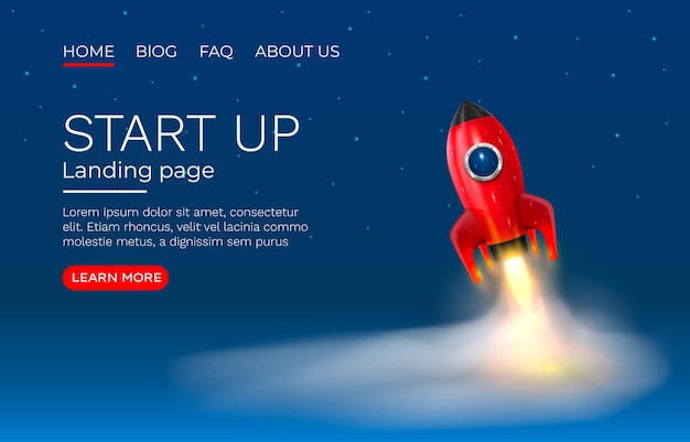 Start up idea Landing page screen, development technology, rocket . 