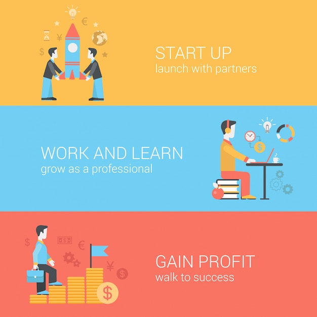 Start up, work and learn, gain profit flat concepts. Partners launching rocket, walk to success, time is money icons set.