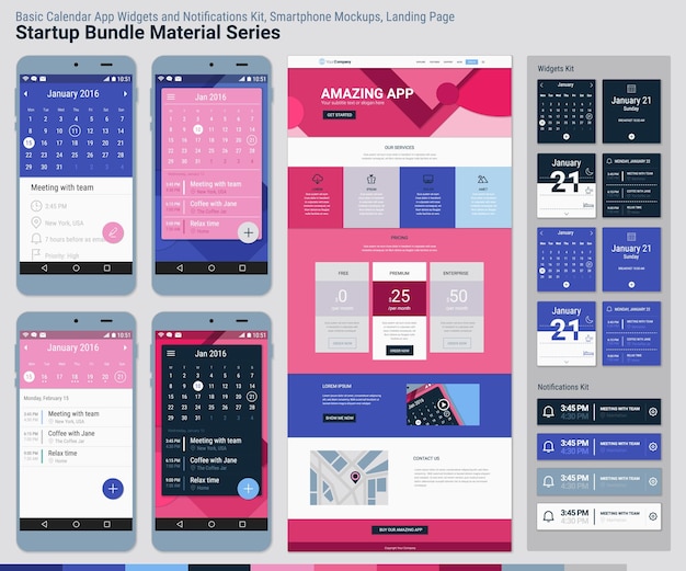 Vector startup bundle material series mobile app ui and landing page