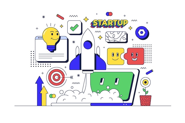 Vector startup concept laptop rocket and related icons flat line 90s cartoon style vector illustration