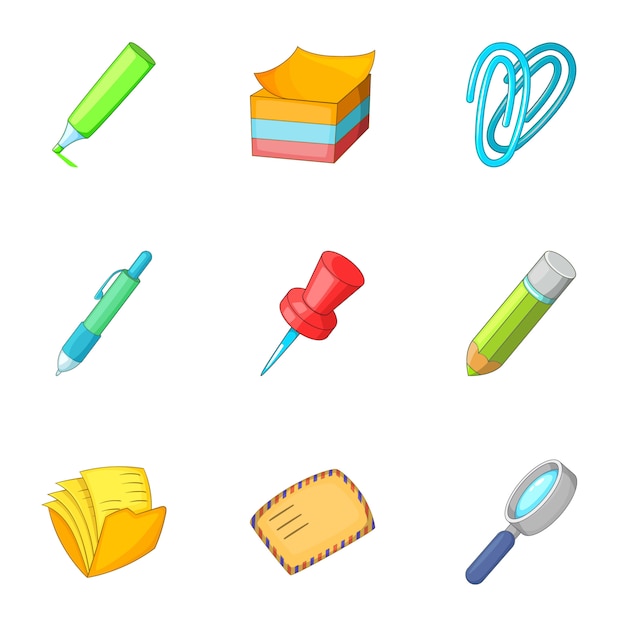 Vector stationery icons set, cartoon style