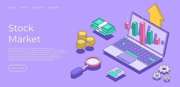 Stock market isometric landing page Charts and Diagrams Financial trade concept Business and finance marketing plan for target stock success with connect dots Vector isometric illustration