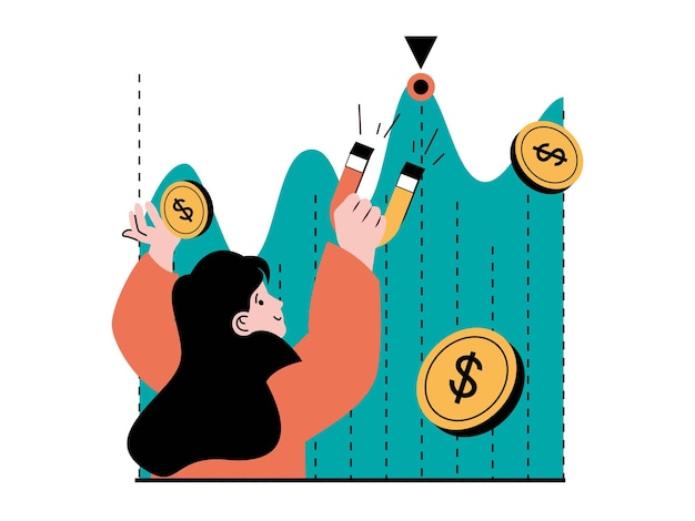 Stock trading concept with character situation Woman analyzes financial chart and attracts positive trend with magnet to increases income Vector illustration with people scene in flat design for web