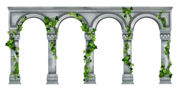 Stone arch vector illustration marble roman antique pillar colonnade green ivy leaves climber