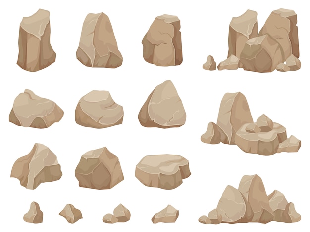 Stone rock. Stones boulder, gravel rubble and pile of rocks cartoon isolated  set