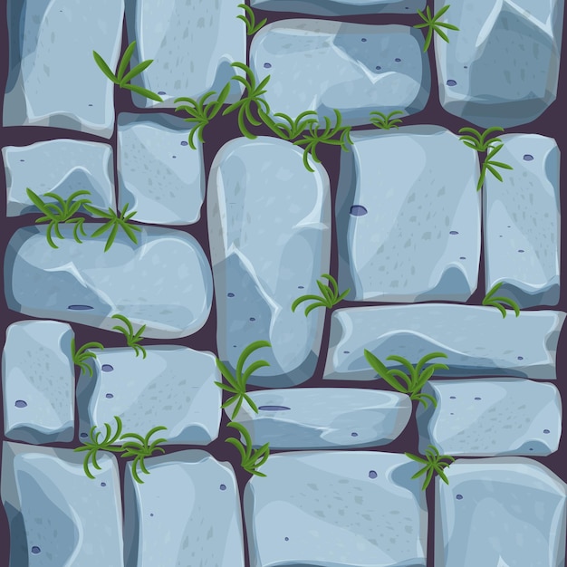 Vector stone wall from bricks, rock wall with grass game background in cartoon style,
