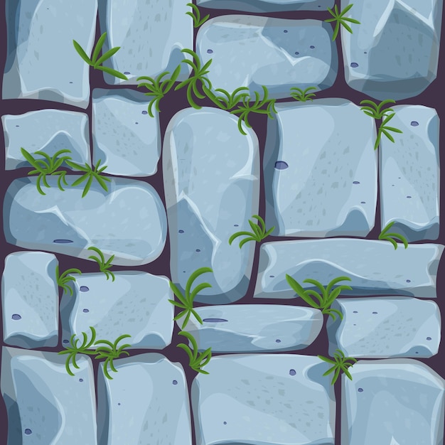 Stone wall from bricks, rock wall with grass game background in cartoon style,