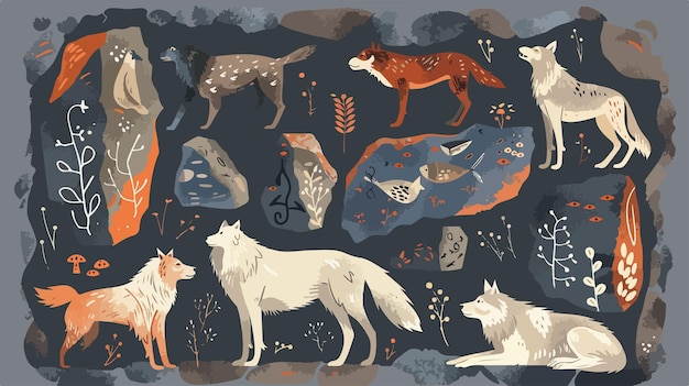 Vector stone with patterns of wolves silhouettes