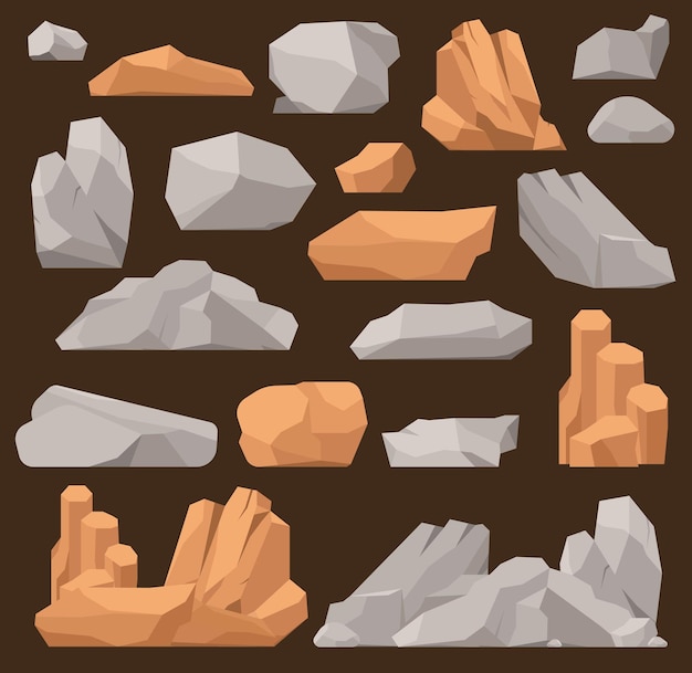 Vector stones and rocks in cartoon vector style big building mineral pile. boulder natural rocks and stones granite rough. vector illustration rocks stones nature mountains geology cartoon material.