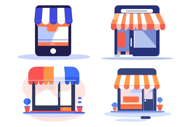 Storefront facade for online stores in UX UI flat style isolated on background