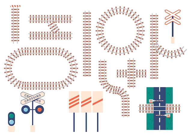 Vector straight and curved railroad tracks, barrier, traffic light and signs icons. transportation rail curve, round, crossed and straight road lines isolated on white background. cartoon vector icons set