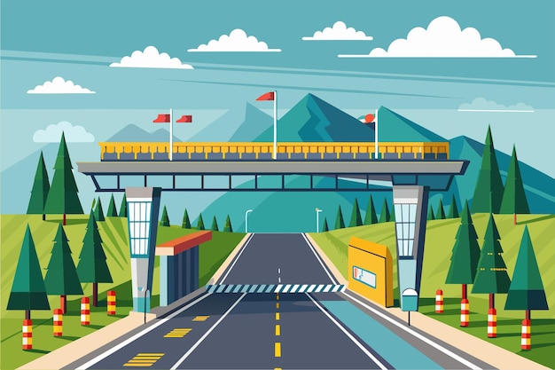 A straight road leads towards a bridge over it under a clear sky Toll road Customizable Semi Flat Illustration