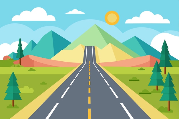 Vector straight road through a mountainous landscape