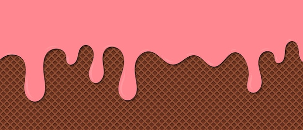 Strawberry ice cream melted on waffle background Sream melted on waffle background Sweet ice cream flowing down on cone Vector Illustration