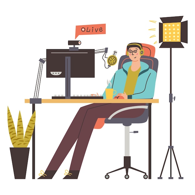 Streamer video games sitting at his computer. Desk with monitor, keyboard, webcam, microphone. Online game, lights, potted plant. Game room. Flat vector illustration