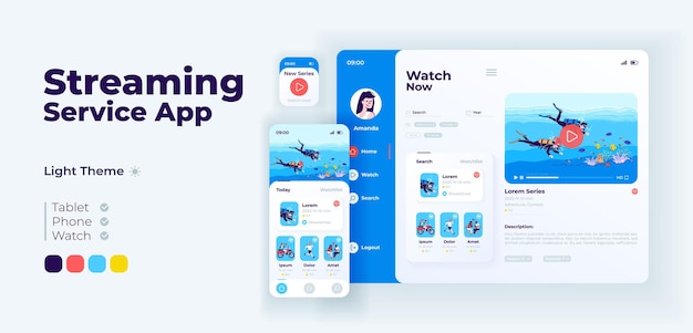 Streaming service app screen vector adaptive design template. Vlogging application day mode interface with flat characters. Live video broadcasting platform smartphone, tablet, smart watch cartoon UI.