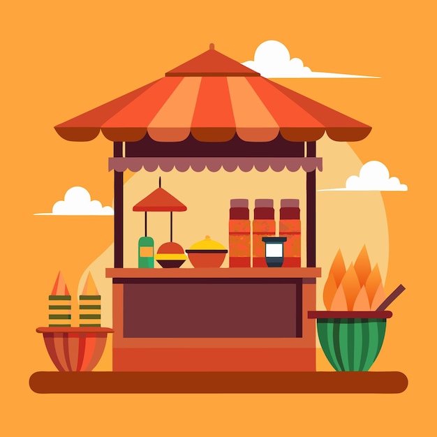 Vector street food stall with orange awning and cooking fire