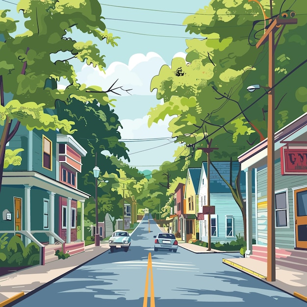 Vector street with houses trees and cars vector illustration in cartoon style