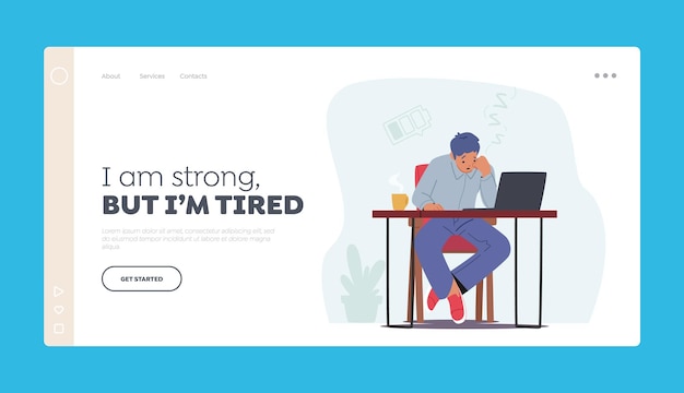 Stress Professional Burnout Landing Page Template Tired Man in Office Stressed Overloaded Employee Confused Man