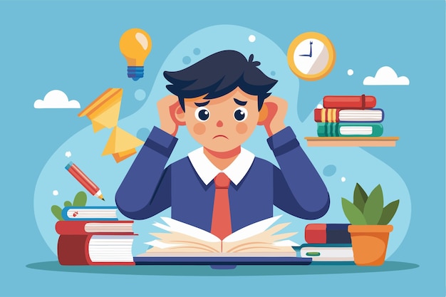 Vector a student looks overwhelmed while studying at a desk cluttered with books a clock and other study materials customizable cartoon illustration for student stress