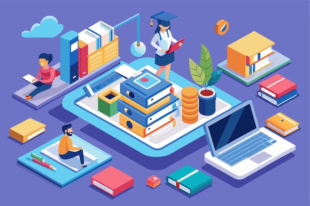 Vector students engage in customizable online learning surrounded by books technology and study materials online learning customizable isometric illustration