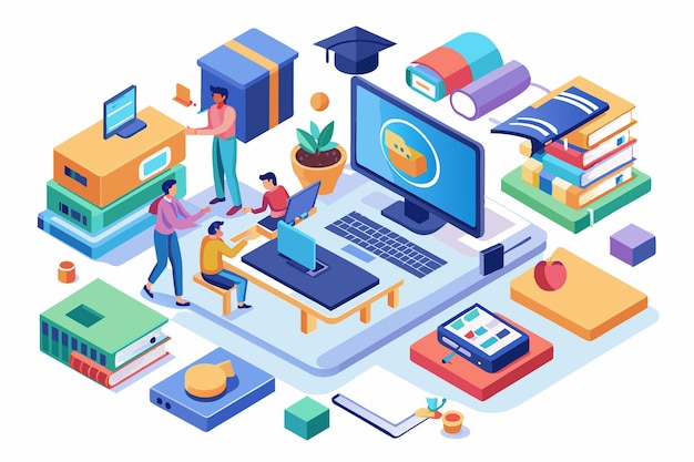 Vector students engage in online learning utilizing digital resources and collaborative tools in a vibrant workspace online learning customizable isometric illustration