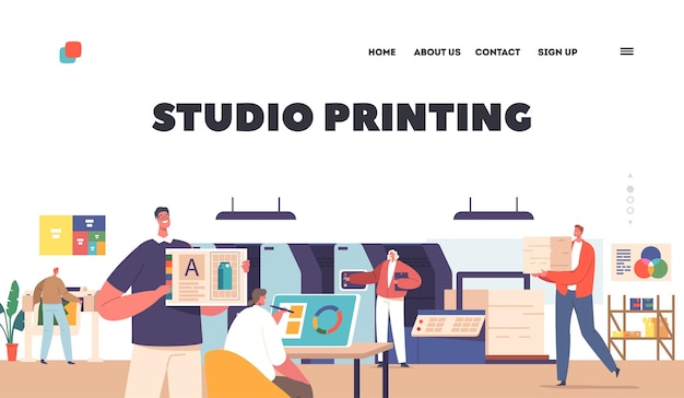 Vector studio printing landing page template advertising agency polygraphy industry characters designers work