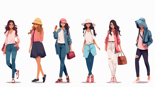 Vector stylish young women in trendy outfits collection