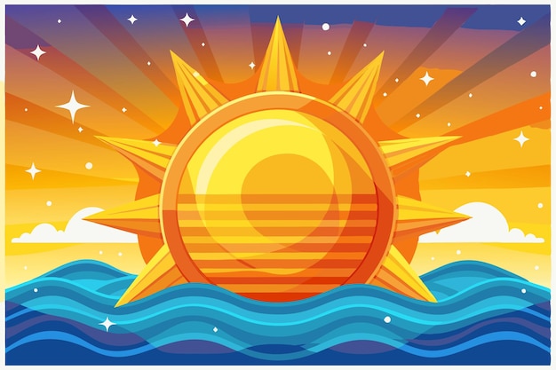 Vector stylized sunset with a large sun setting over blue water