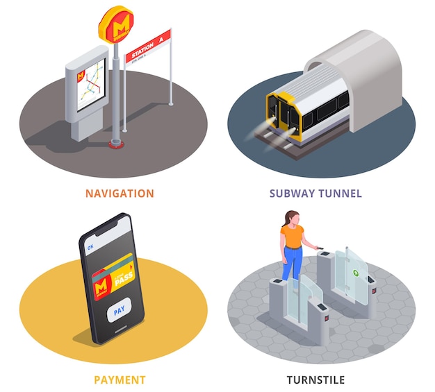 Subway themes colored isometric illustration set