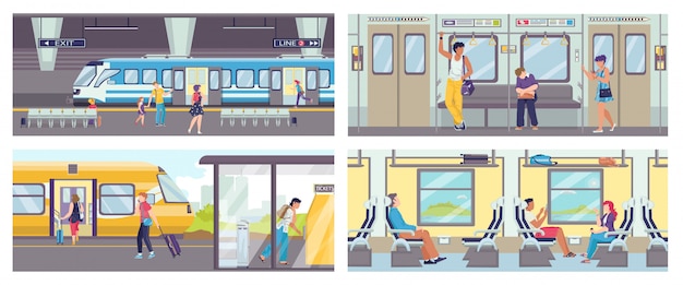 Vector subway train s set of scene inside underground train carriage with crowd of sitting and standing passengers  illustrations. metro with escalator underground train and subway.