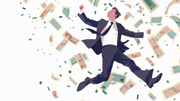 Vector successful businessman surrounded by flying banknotes mixed media flat design