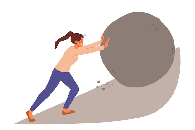 Vector suffering woman suffers from overload pushing large stone uphill for concept of huge problems