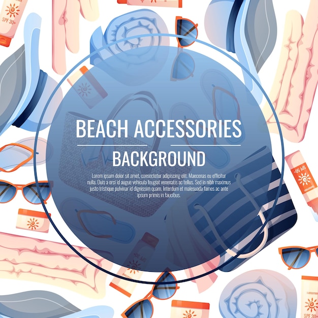 Vector summer background with beach accessories beach frame made of straw bag hat and sunscreen beach holidays holidays summer time sea vibe poster flyer card for summer sale