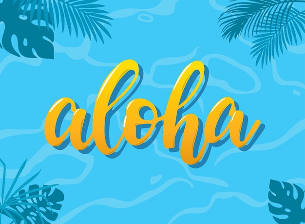 summer banner poster print template with calligraphy quote 'Aloha' decorated with tropical leaves