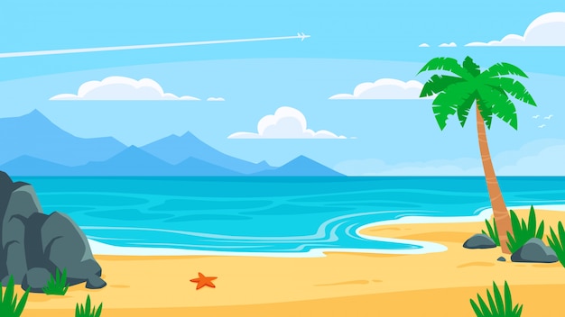 Summer beach background. Sandy seashore, sea coast with palm tree and vocation seaside travel cartoon backdrop illustration