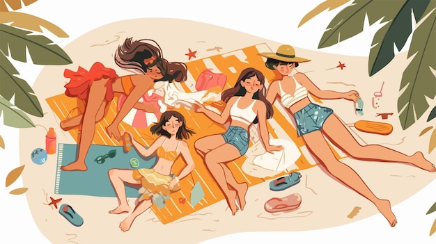 Vector summer beach leisure doodle people sunbathing at ocean outdoor vacation relaxation concept