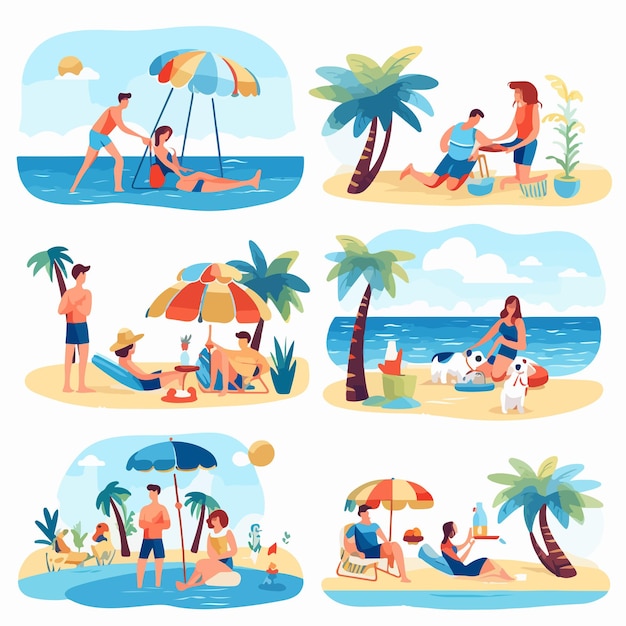 Vector summer beach posters collection with diverse people enjoying vacation vector illustration