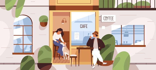 Vector summer cafe with people inside and outside coffee shop. man enjoying tea cup on street terrace of coffeehouse. customers of modern city cafeteria. colored flat vector illustration of urban lifestyle.