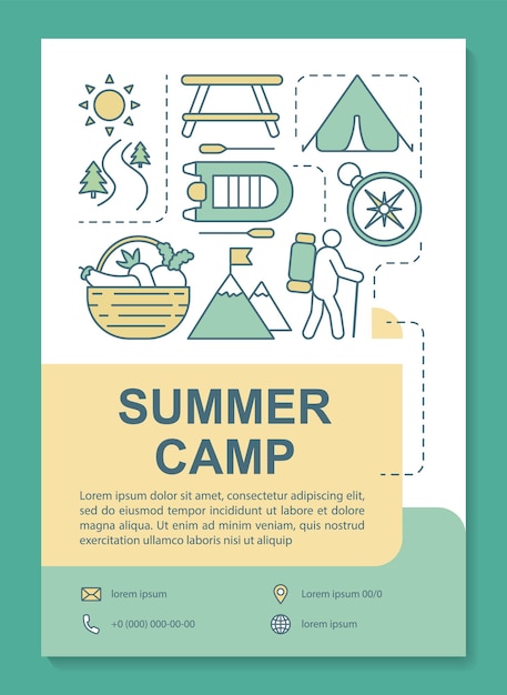 Summer camp, forset trekking vacation brochure template layout. Flyer, booklet, leaflet print design with linear illustrations. Vector page layouts for magazines, annual reports, advertising posters