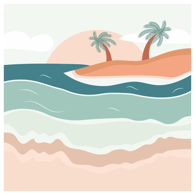 Summer illustration palm trees on the island sea and sun pastel colors Paradise