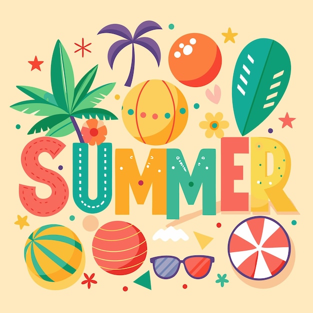 Vector summer illustration with beach balls palm tree sunglasses and flowers