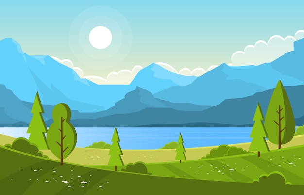 Summer Lake Green Nature Field Land Sky Landscape Illustration