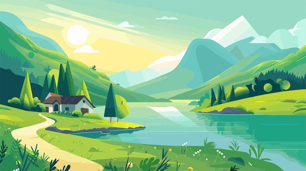 Vector summer landscape cartoon vector illustration